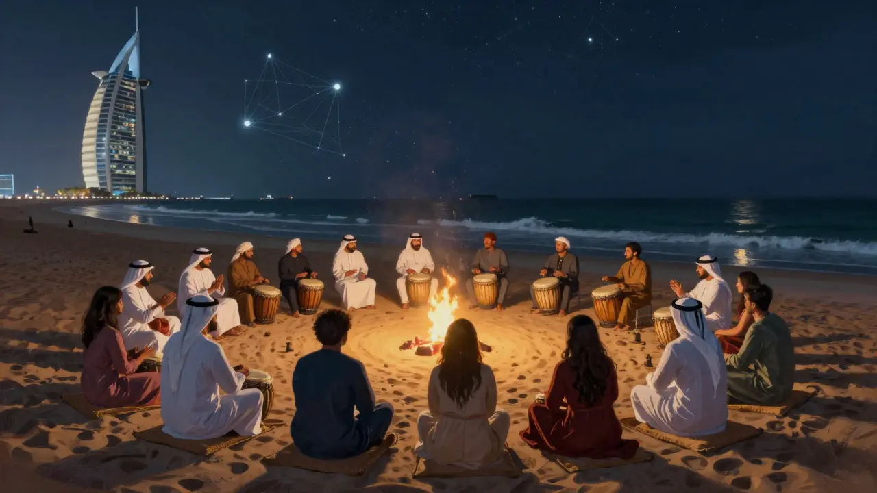 Beachside drum circle at night on Palm Jumeirah under stars, locals and visitors gathered around firelight.