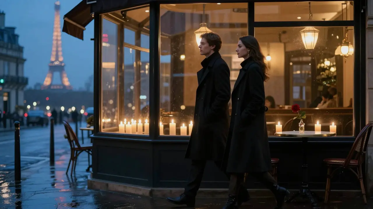 Couple in black coats walking past a candlelit bistro, reflections on wet pavement.