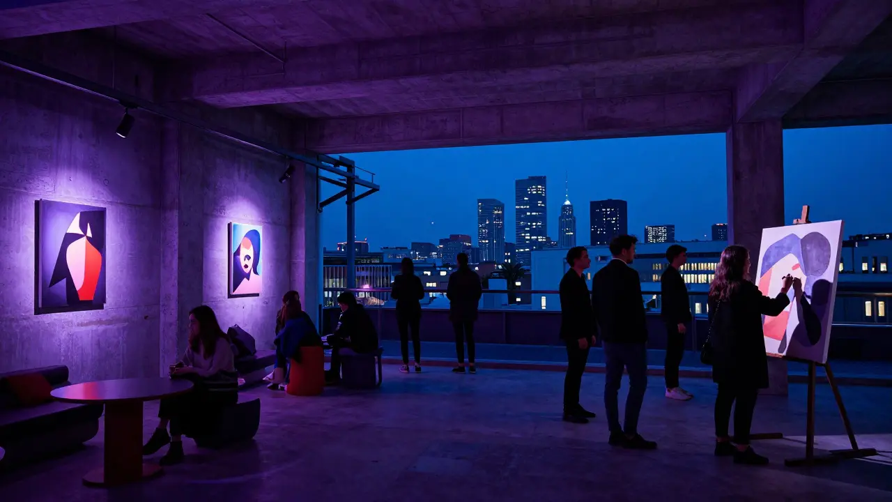 Crowd at Magazzini Generali club under glowing art installations with Milan skyline visible.