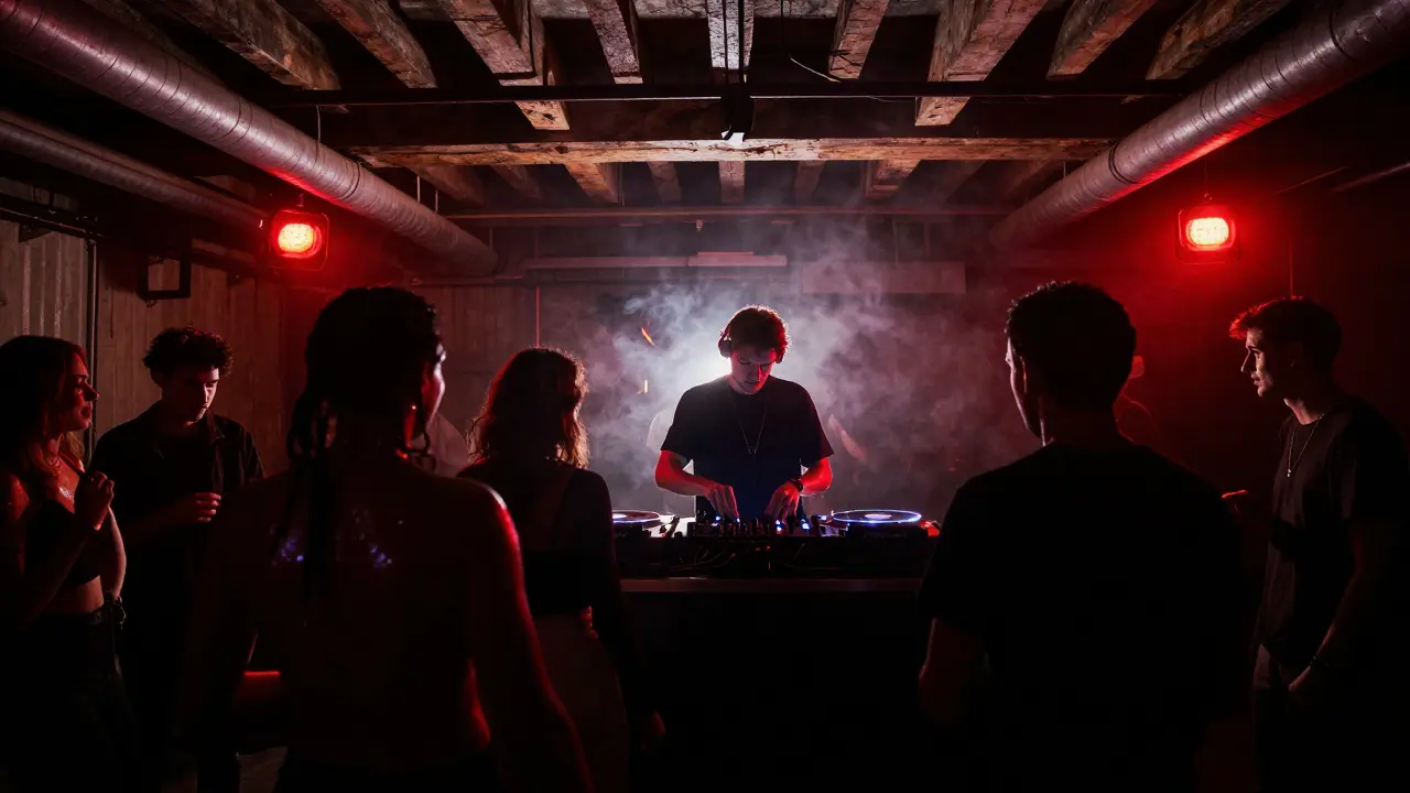 Crowd dancing in a dark, industrial underground club with red lights and intense bass vibrations.