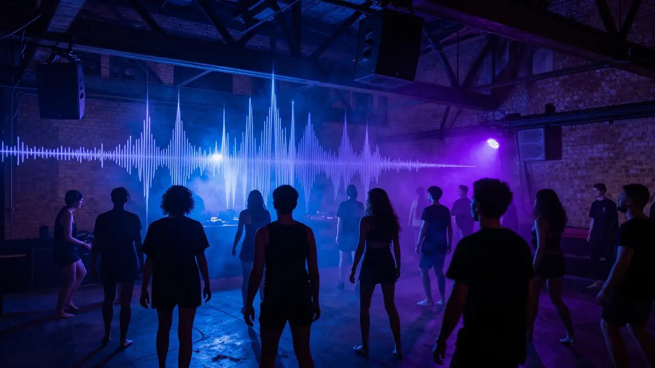 Crowd dancing in a dim industrial club with moody lighting and exposed brick walls.