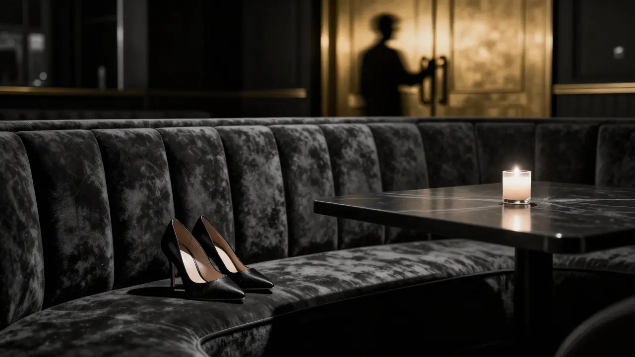 Designer shoes beside a velvet booth in a luxury Monaco club, a single candle casting shadowy silence.