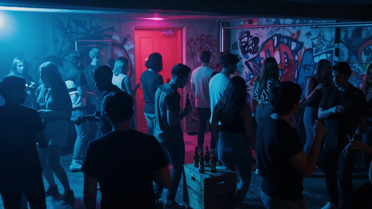 Diverse crowd dancing in a basement club with strobe lights and graffiti walls, no signs or VIP areas.