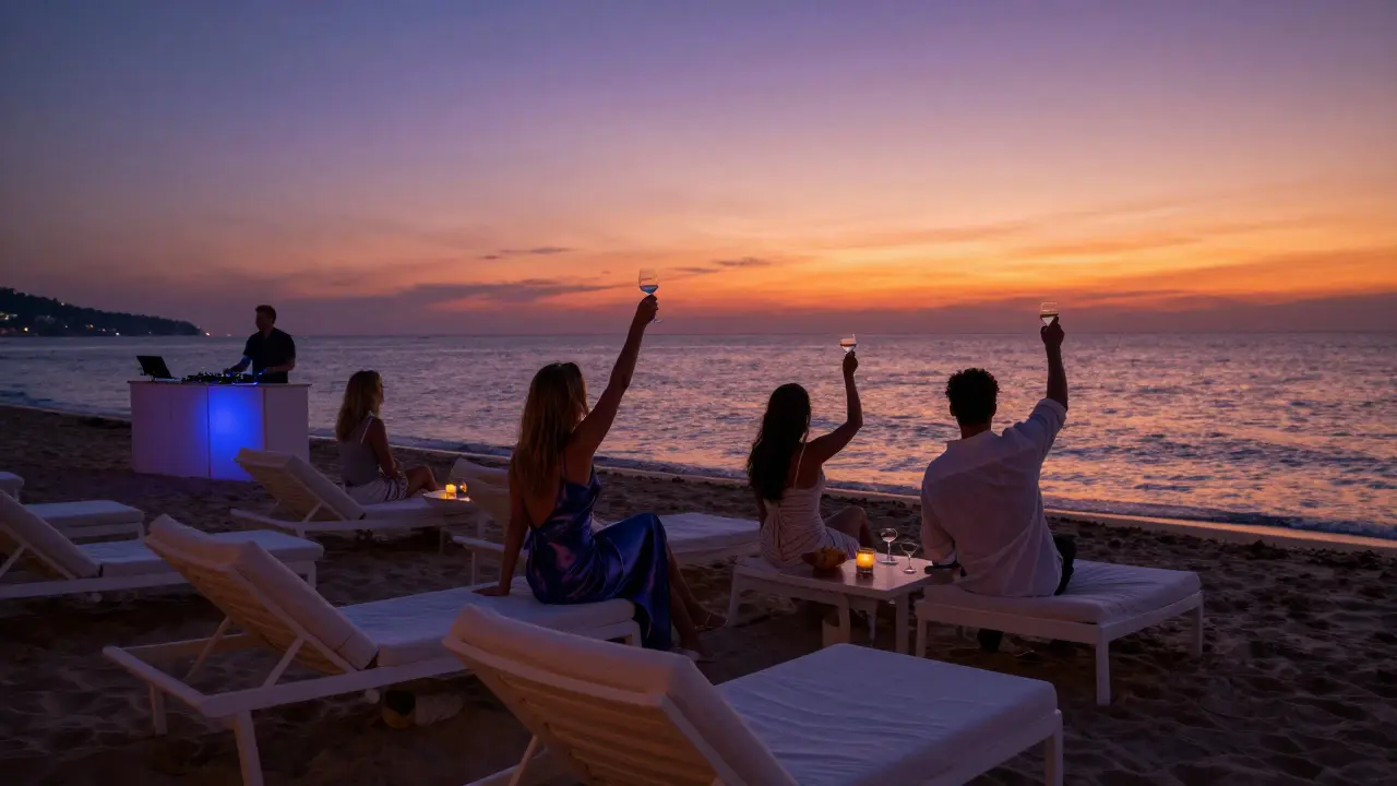 Dusk at Nikki Beach Monaco with guests enjoying cocktails as the sun sets over the sea.