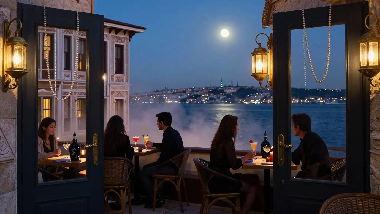 Elegant rooftop bar overlooking the Bosphorus at night, guests enjoying cocktails under soft lantern light with city lights sparkling on the water.