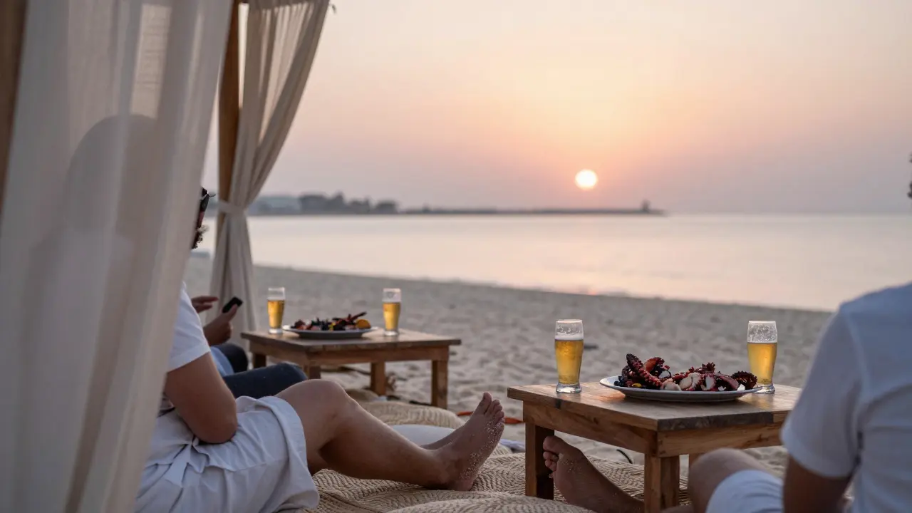 Guests relaxing on a beach lounge at sunset with beers and grilled food near the water