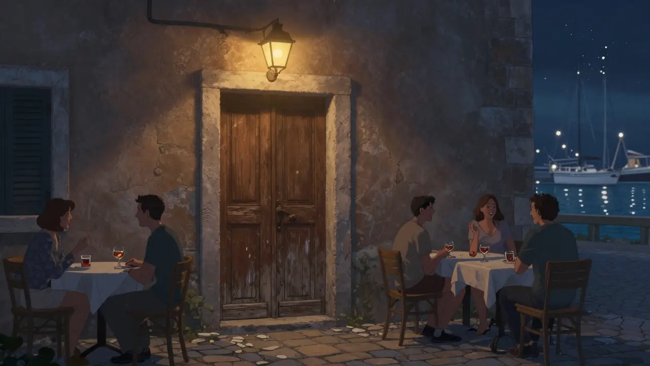 Hidden bar with wooden door and warm light spilling onto cobblestones by the harbor.