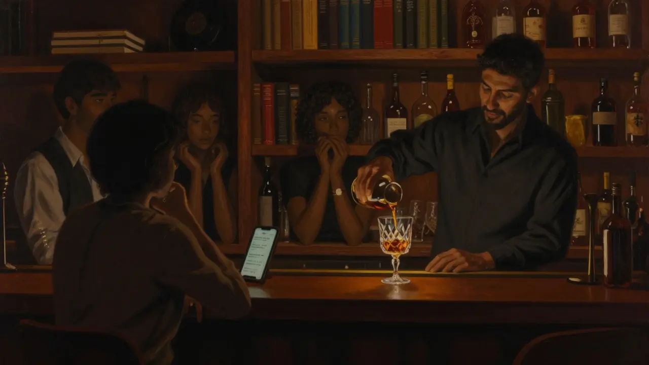 Hidden speakeasy bar behind a bookshelf with dim lighting and whiskey being poured