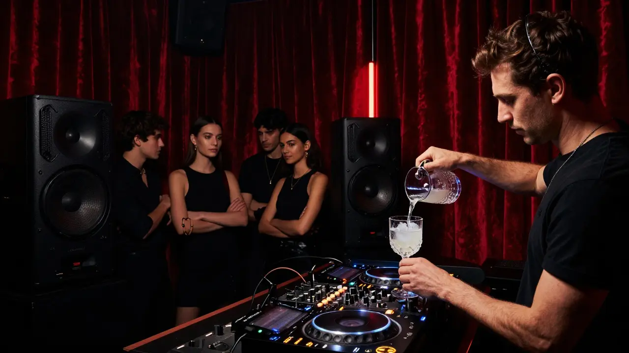 Hidden underground club with red velvet curtains, a bartender serving a unique cocktail in low light to a quiet, stylish crowd.