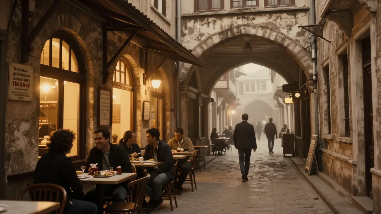 Historic flower passage at dusk with lantern-lit taverns and people enjoying drinks.