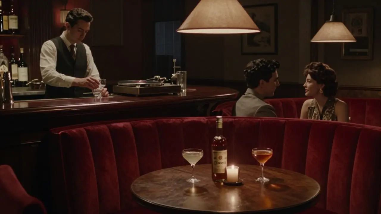 Intimate jazz lounge at night with velvet booths, candlelight, and a bartender preparing drinks.