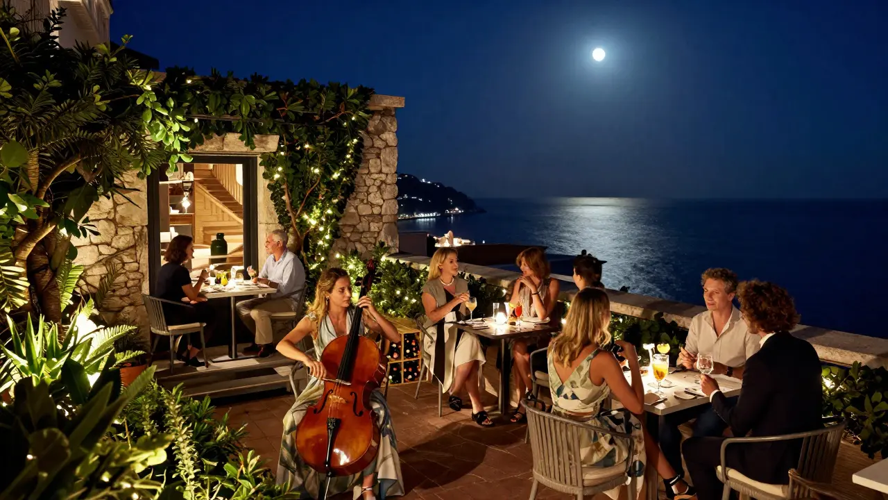 Intimate rooftop garden with a cellist and guests under moonlight above Monaco.