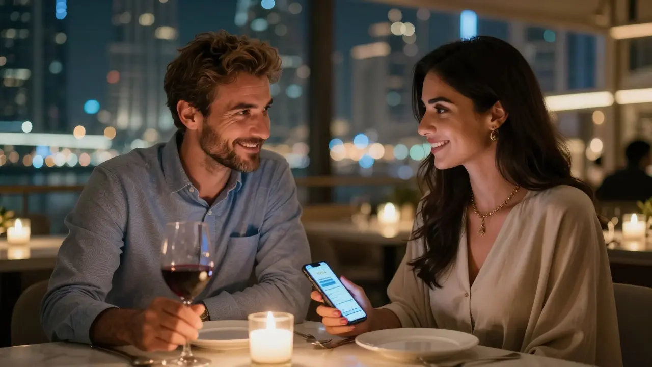 Man and woman having dinner in a Dubai restaurant, with payment confirmation visible on phone screen.