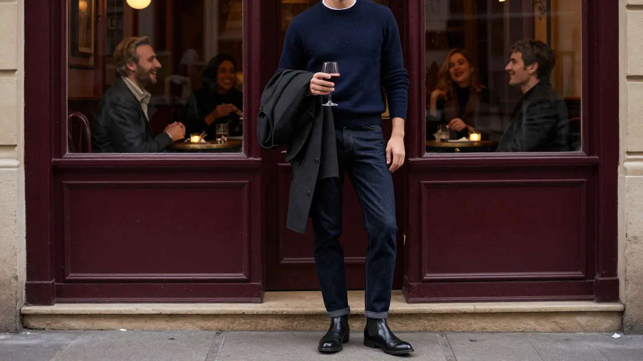 Man in navy sweater and dark jeans standing outside a jazz club with a coat over his arm.