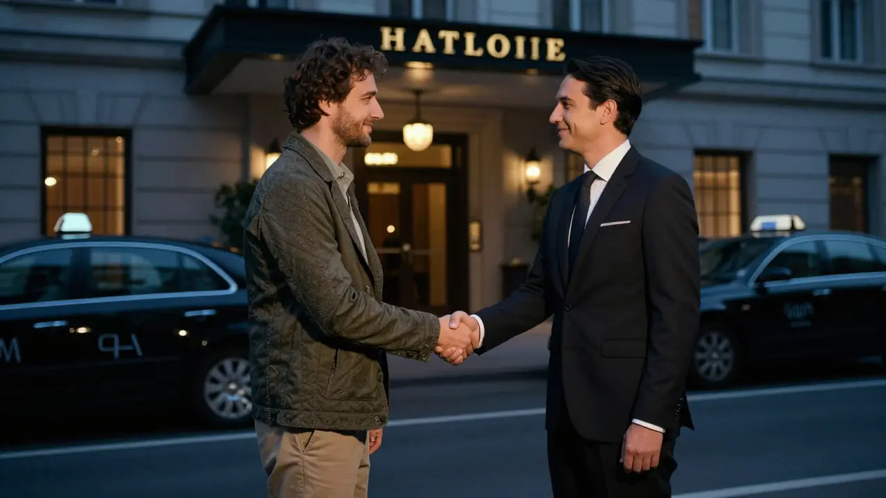 Mutual handshake between client and escort outside a reputable Berlin hotel at dusk.