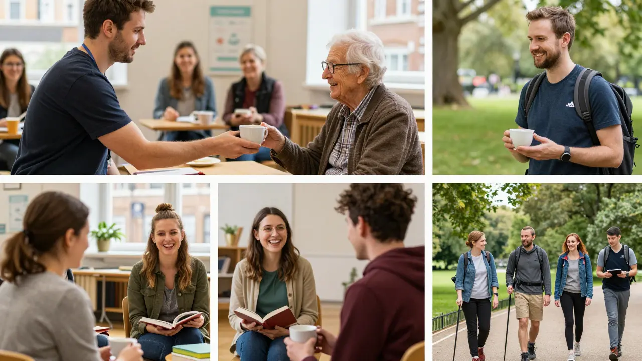 People connecting through volunteering, book clubs, and hiking in London's parks.