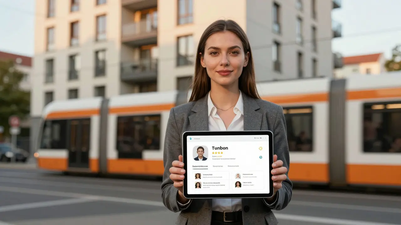 Professional escort standing outside her verified residence in Charlottenburg, holding a tablet with review badges.