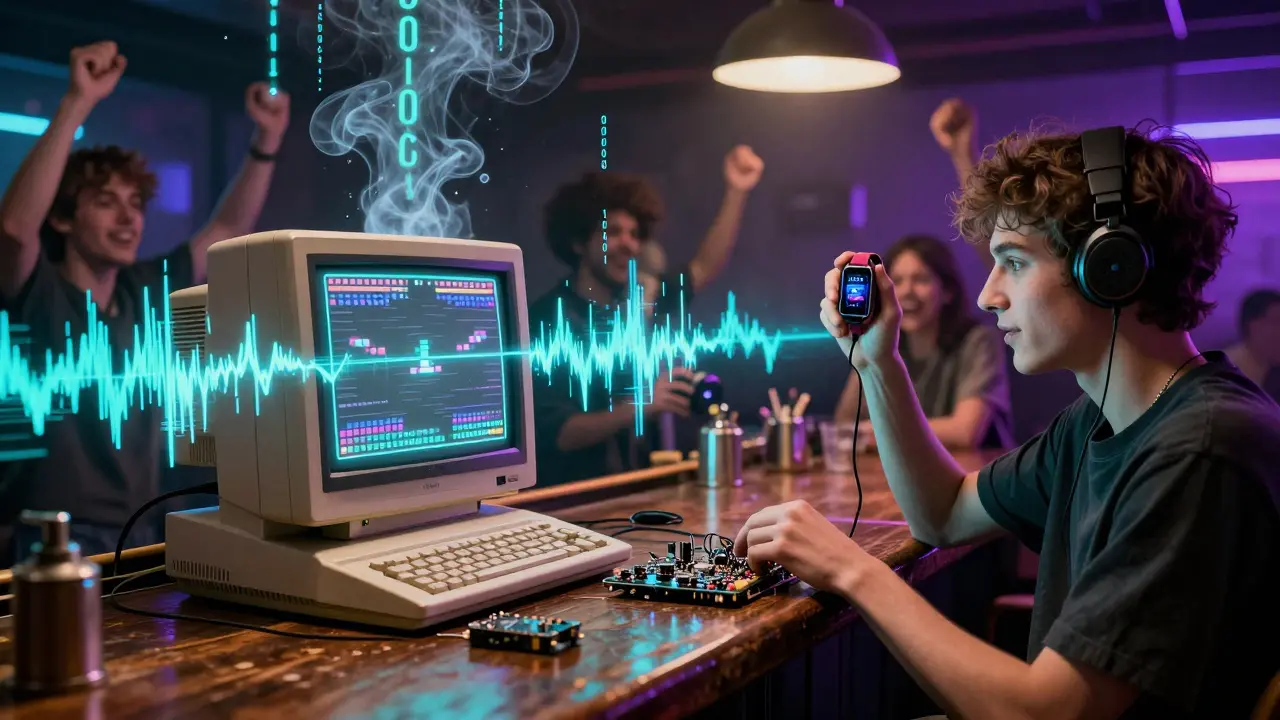 Retro computers at a bar with glowing glitch art and a modified Fitbit speaker, blending 90s tech with modern beats.