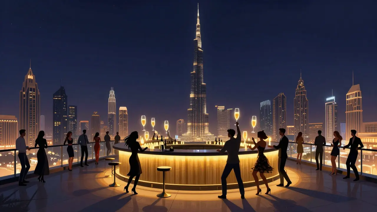 Rooftop crowd enjoying music with the Burj Khalifa glowing behind them under a starry night sky.