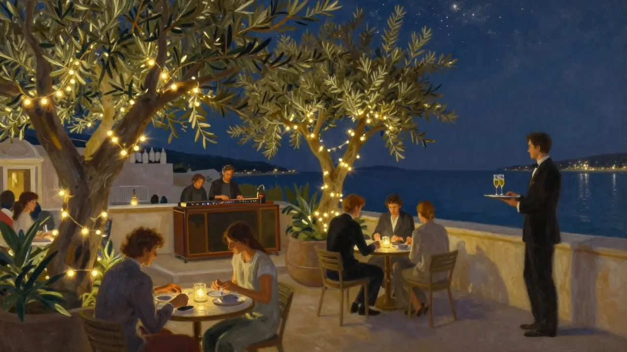 Rooftop garden nightclub under starry skies, guests seated among olive trees with string lights and live music.
