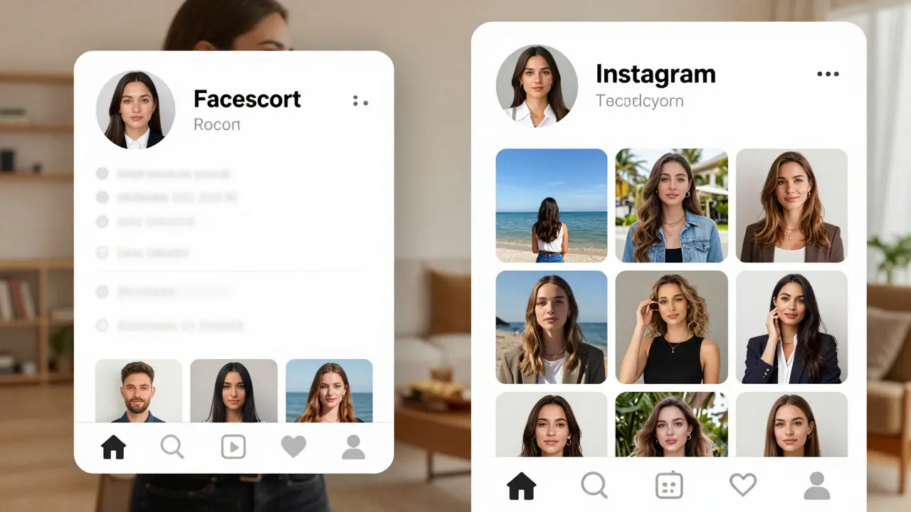 Side-by-side comparison of a fake escort profile versus a verified one with real social media history.