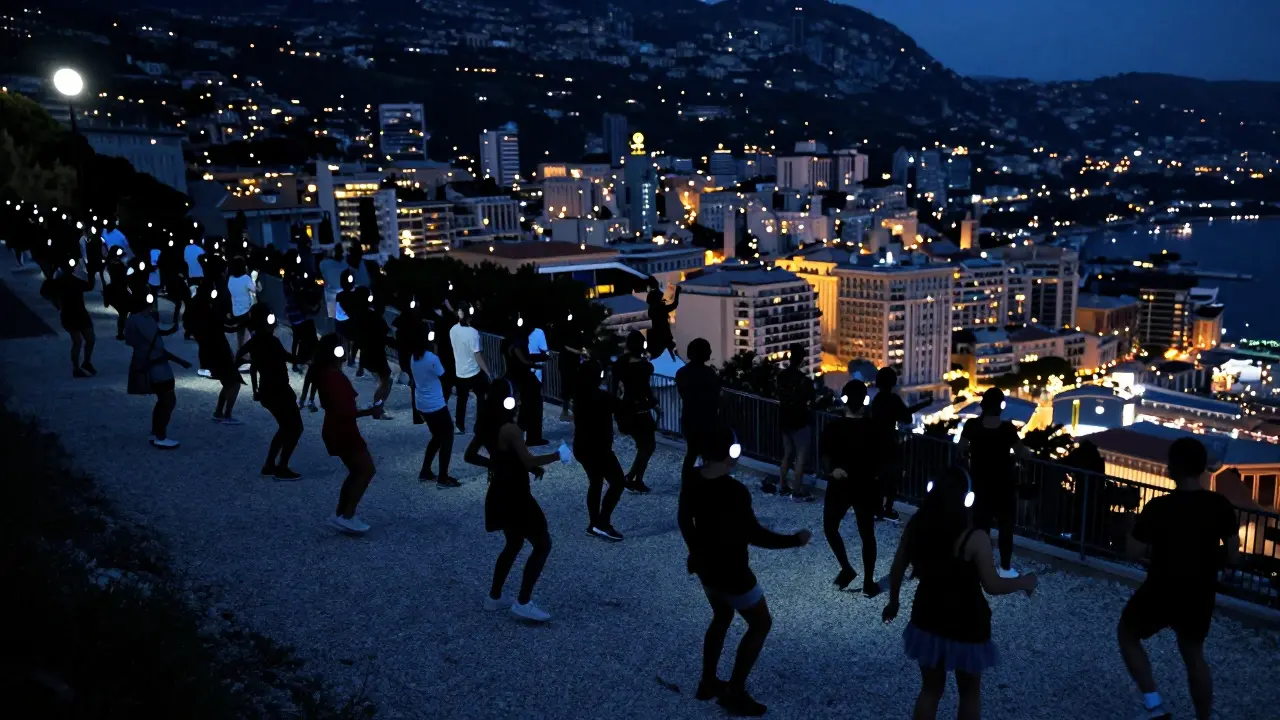 Silent disco on a hillside path with glowing headphones and city lights below.
