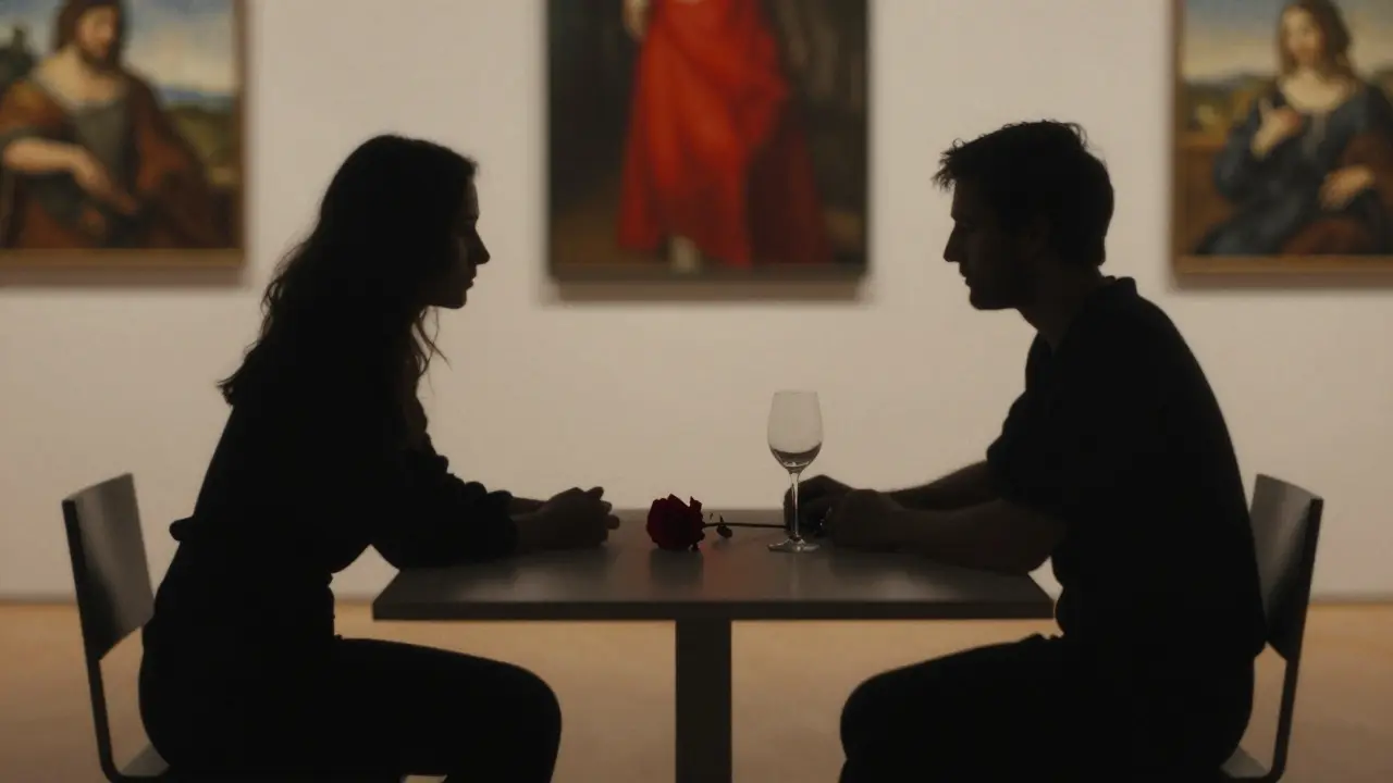 Silhouettes at a minimalist table in an art gallery, a rose and wine glass between them.