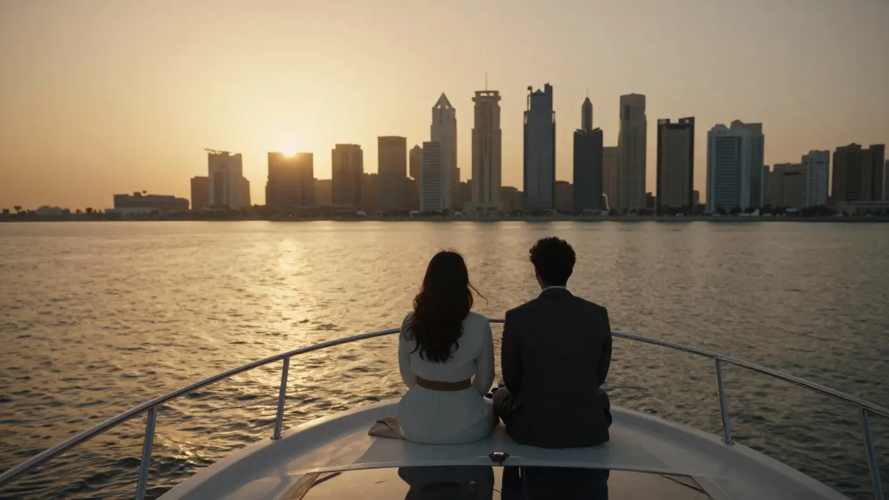 Silhouettes of two people on a private yacht along Abu Dhabi's waterfront at sunset.