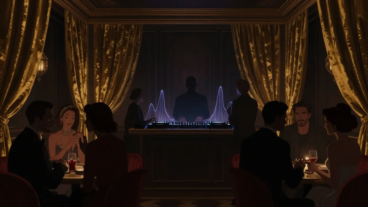 Sophisticated crowd in a dim, luxurious nightclub with velvet drapes and golden accents.