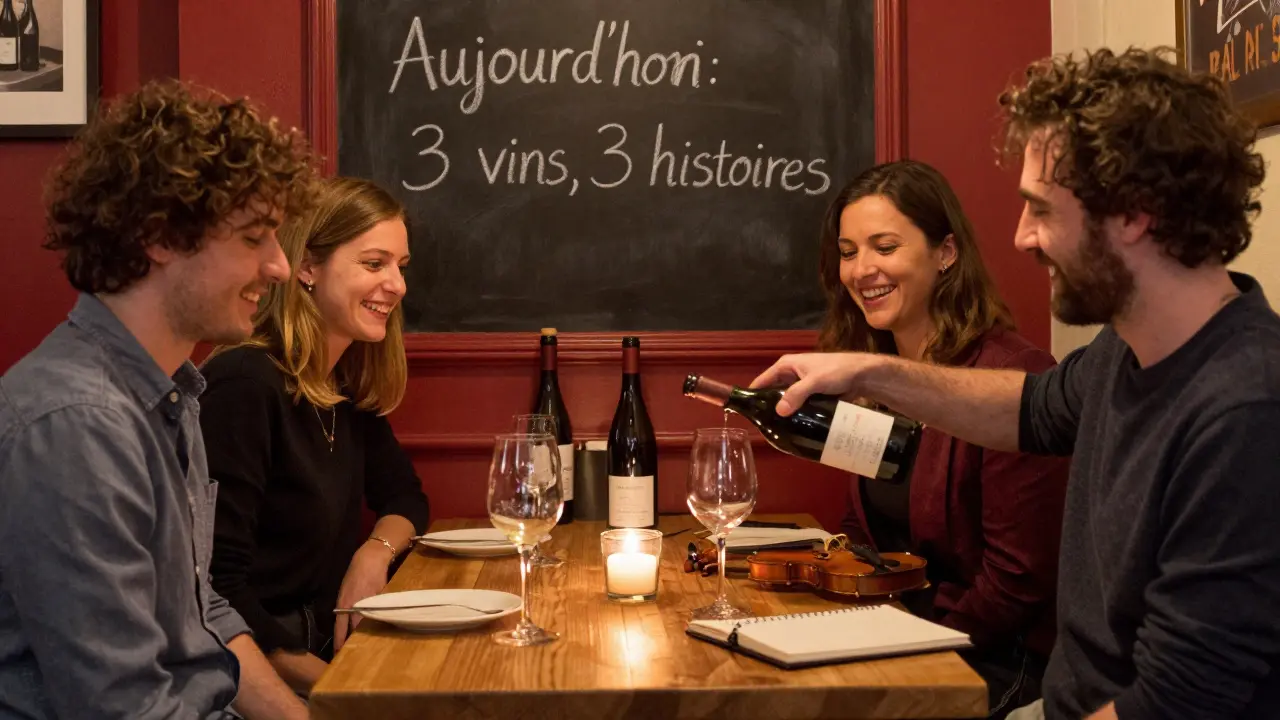 Strangers sharing wine at a wooden table in a quiet bar, candlelight reflecting off glasses and chalkboard.