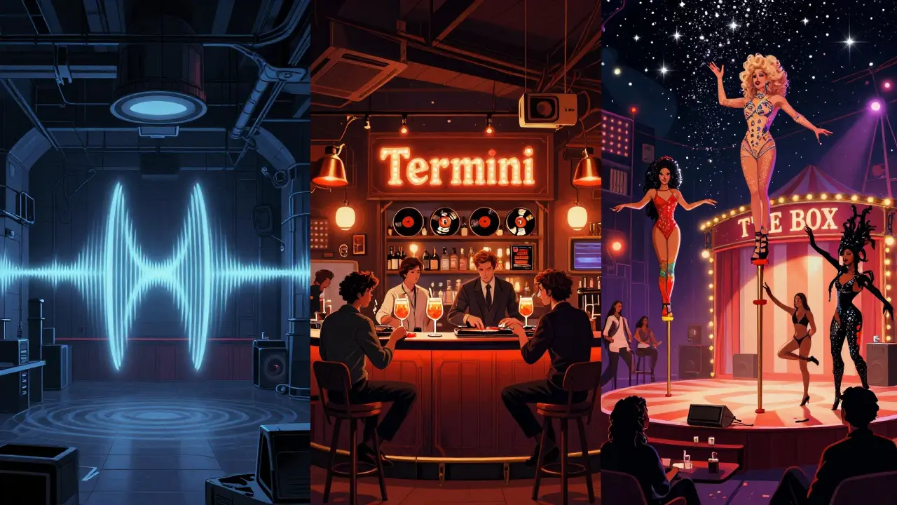 Three iconic London nightlife scenes: a techno club, an Italian bar, and a glittering circus club merged into one vibrant night panorama.