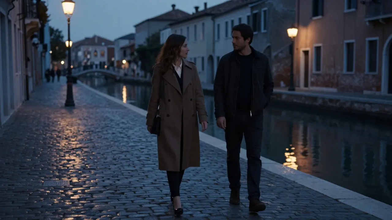 Two figures walking side by side along the Navigli canal at dusk, silent and connected.