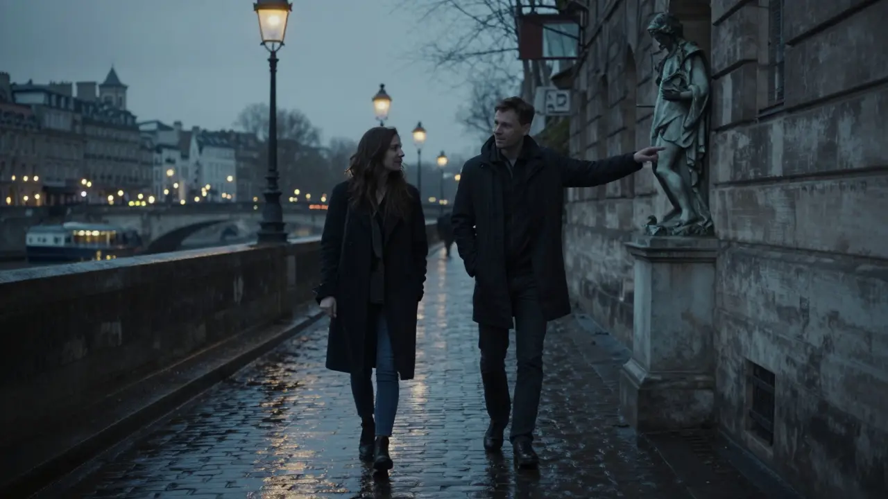 Two figures walking silently along the Seine at twilight, reflections shimmering on wet stones.