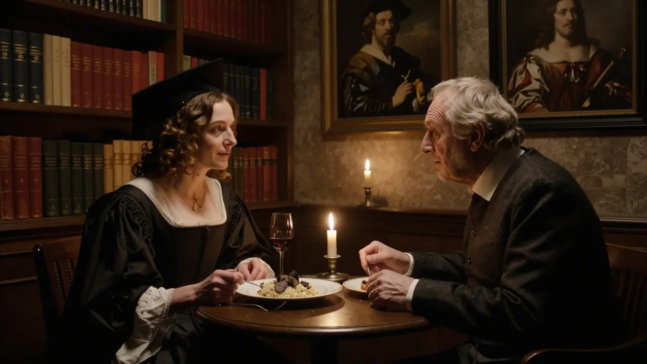 Two people in quiet conversation in a candlelit cellar surrounded by art books and dramatic shadows.