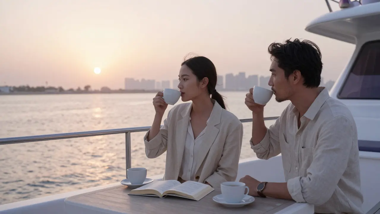 Two people sharing a peaceful morning coffee on a private yacht at dawn in Yas Island, Abu Dhabi.