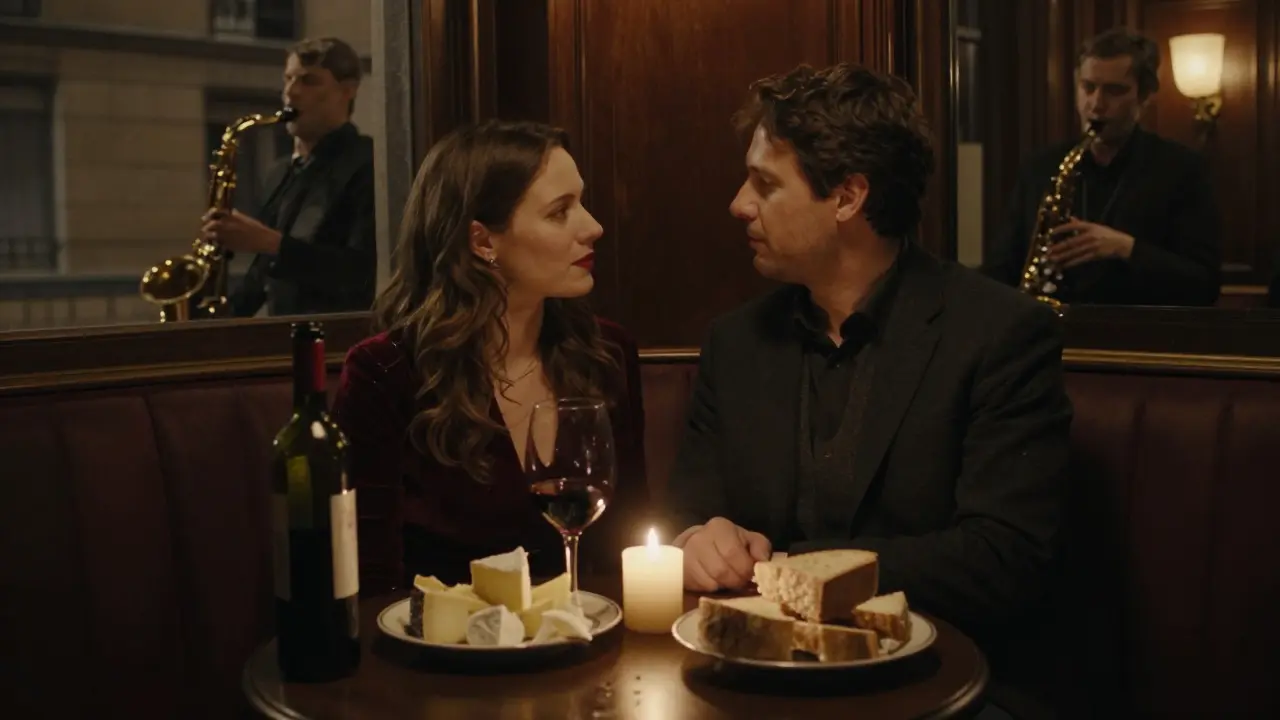 Two people sit in a quiet jazz bar in Paris, sharing wine and cheese in silent understanding.