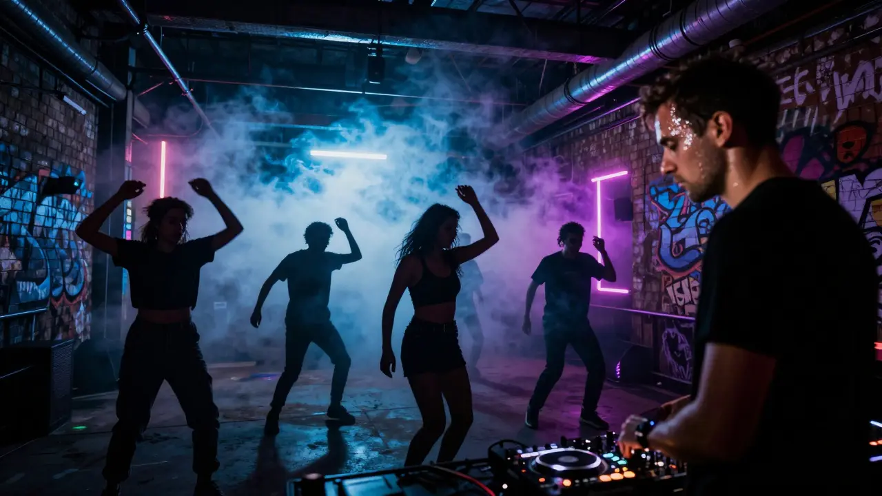Underground club Exmà at night with dancers in strobing light, industrial walls, and a DJ under a spotlight.