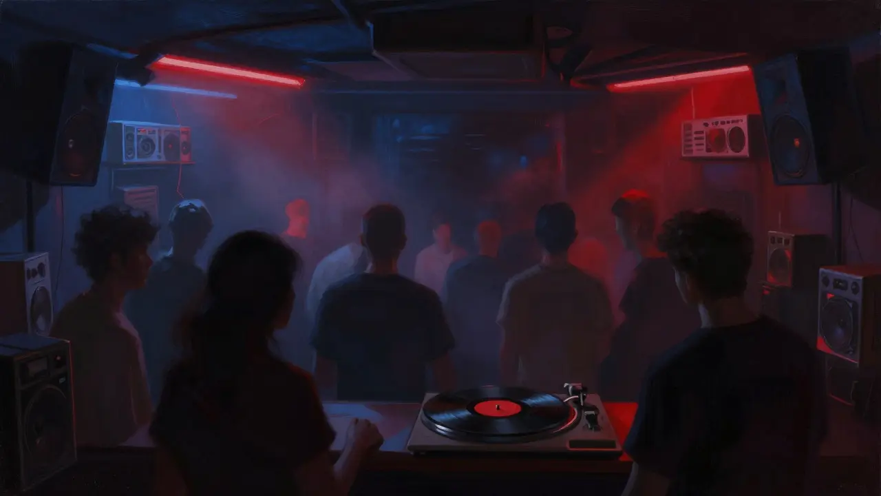 Underground club scene with dim lighting and silhouettes dancing to deep house music in a smoke-filled room.