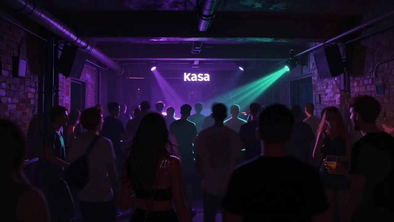 Underground club with a diverse crowd dancing under industrial lighting in Istanbul.