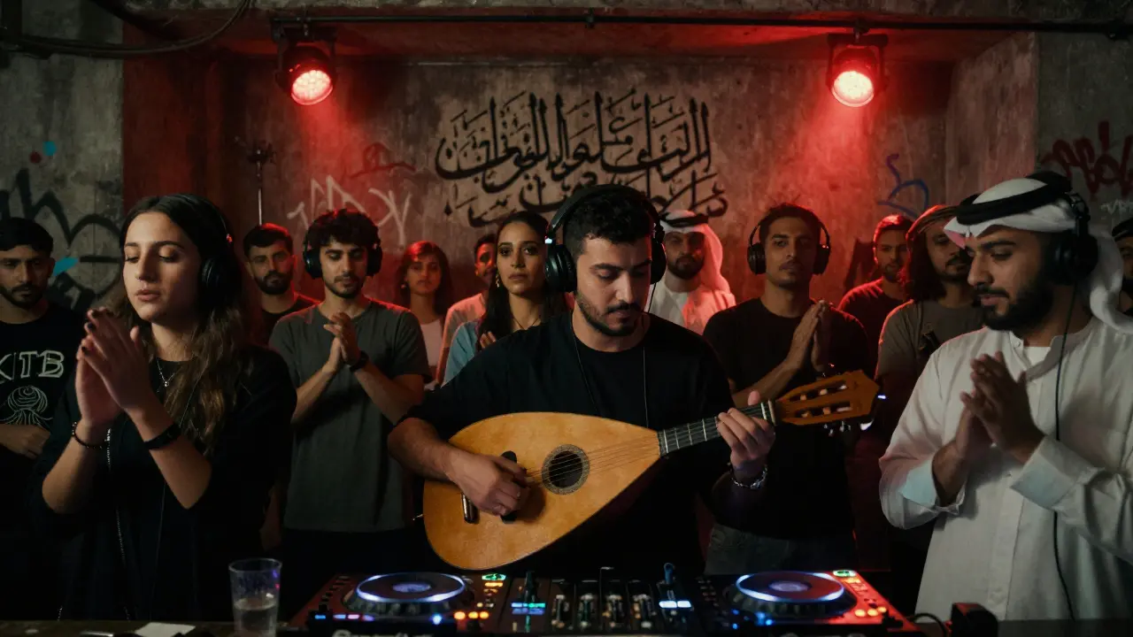 Underground music venue where oud blends with techno, lit by red spotlights and graffiti walls.