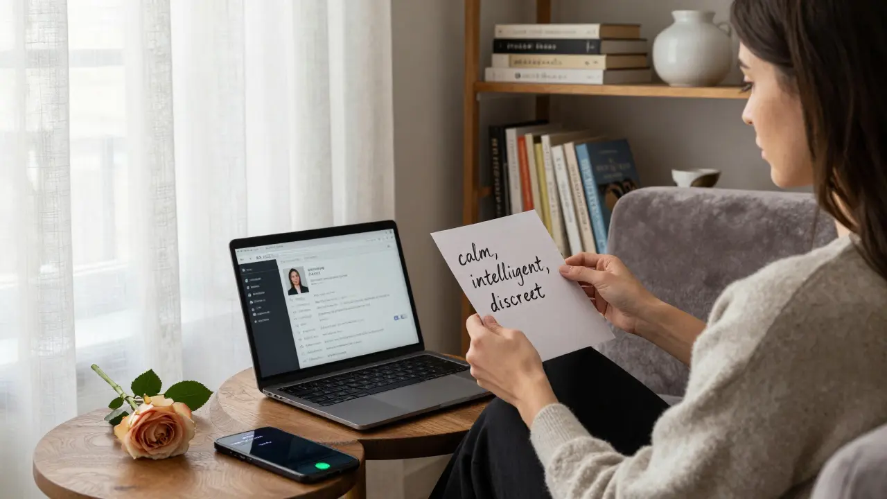 Woman in a cozy Paris apartment reviewing client notes with words 'calm, intelligent, discreet'.