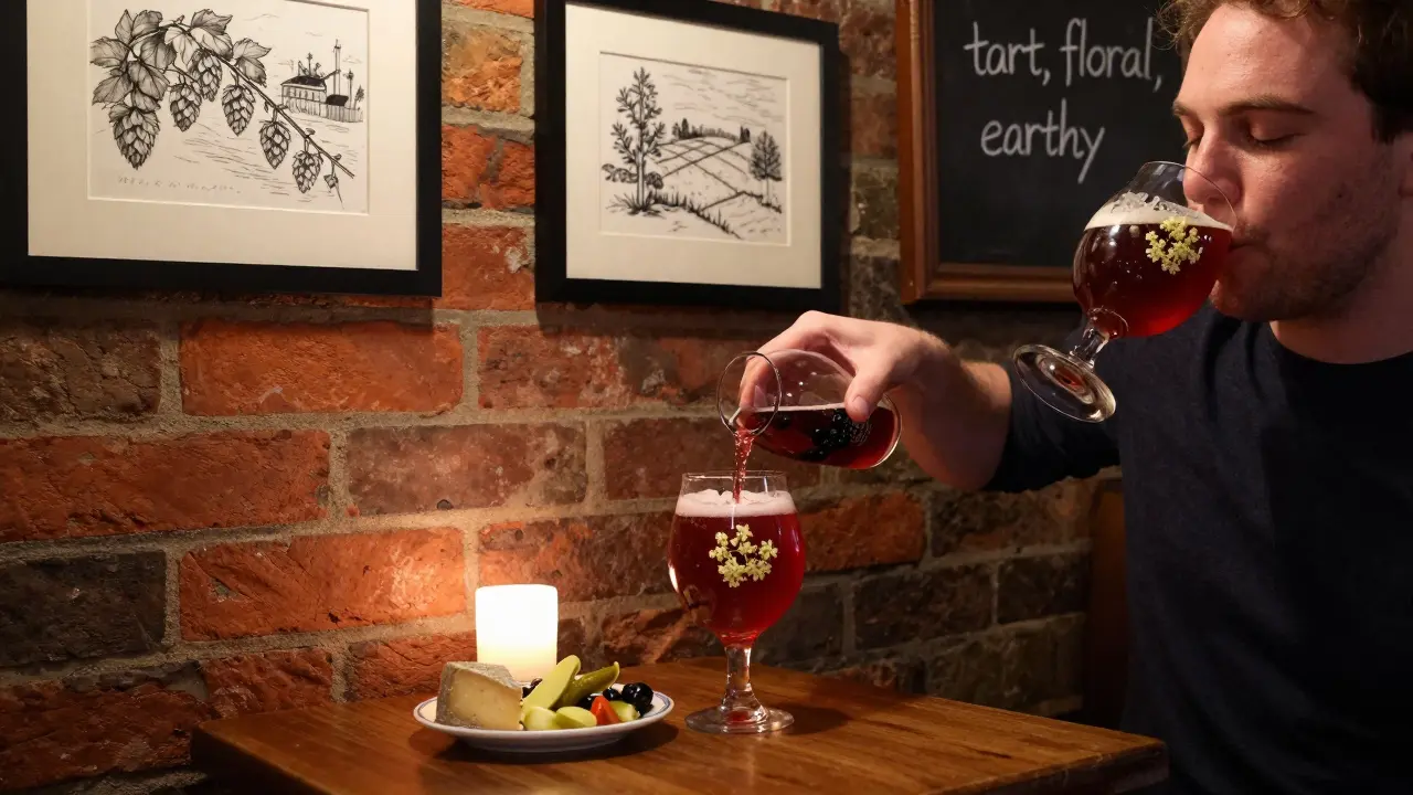 A bartender pouring a ruby sour ale with blackcurrant and elderflower beside artisanal snacks.
