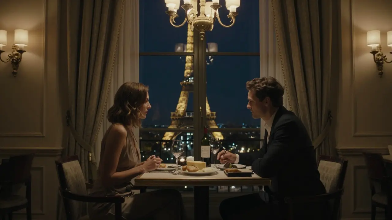 A couple dines quietly in a luxury Paris hotel suite, the Eiffel Tower glowing in the distance, no physical contact, only calm companionship.