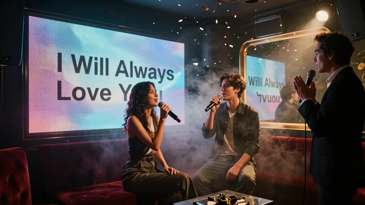 A couple singing together in a private karaoke room with fog, LED lights, and stage effects in Paris.