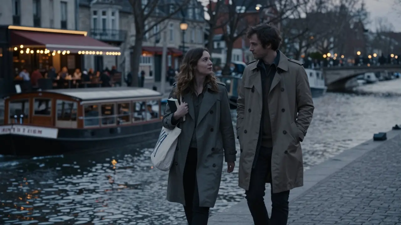 A couple walks along Canal Saint-Martin at dusk, lights glimmering on the water and cafés behind them.