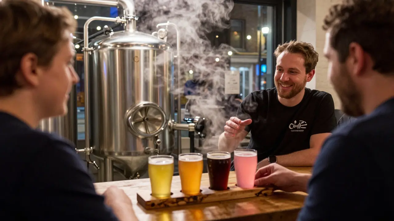 A craft brewery taproom with visible fermenters and a tasting flight of four colorful beers.