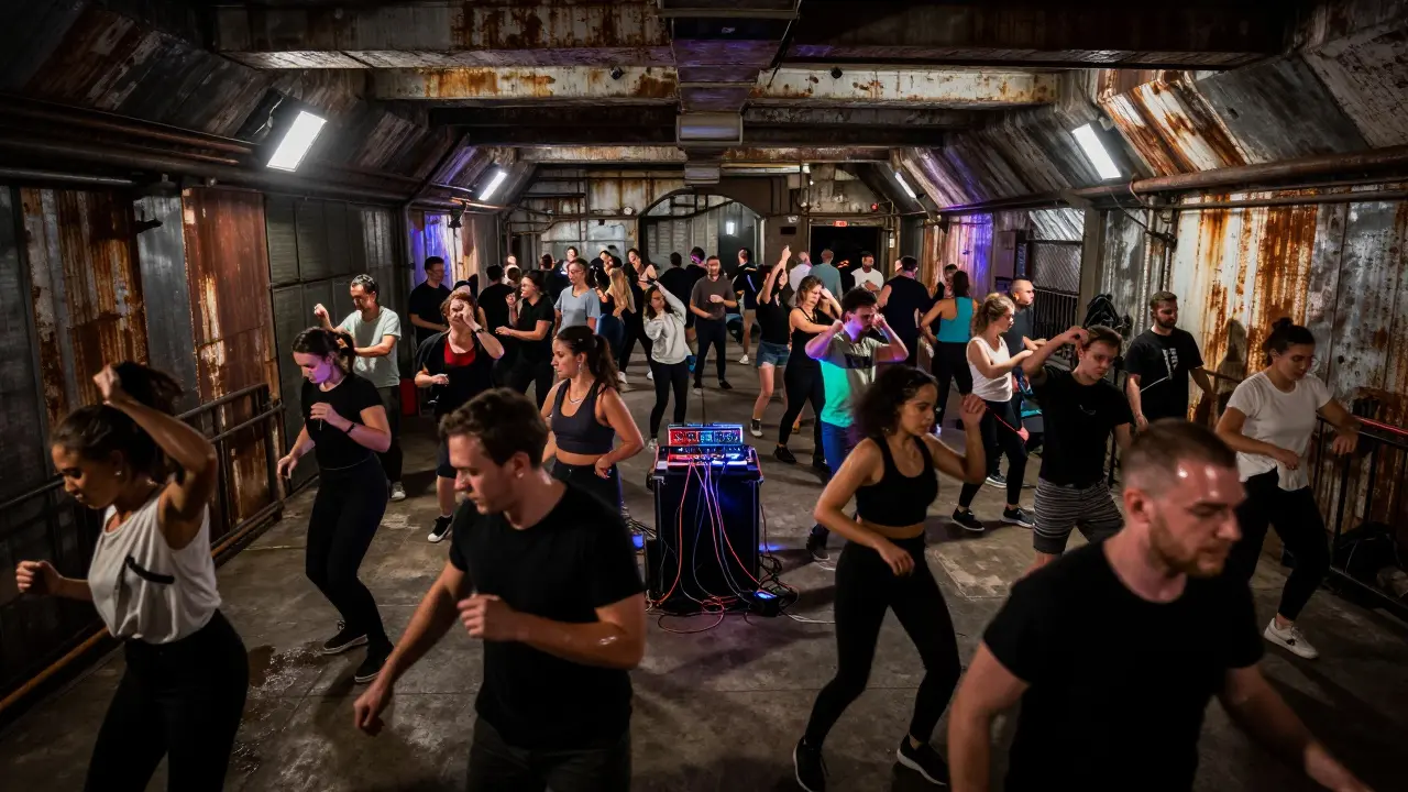 A crowd dances to techno in an abandoned Cold War bunker with industrial lights and rusted walls.