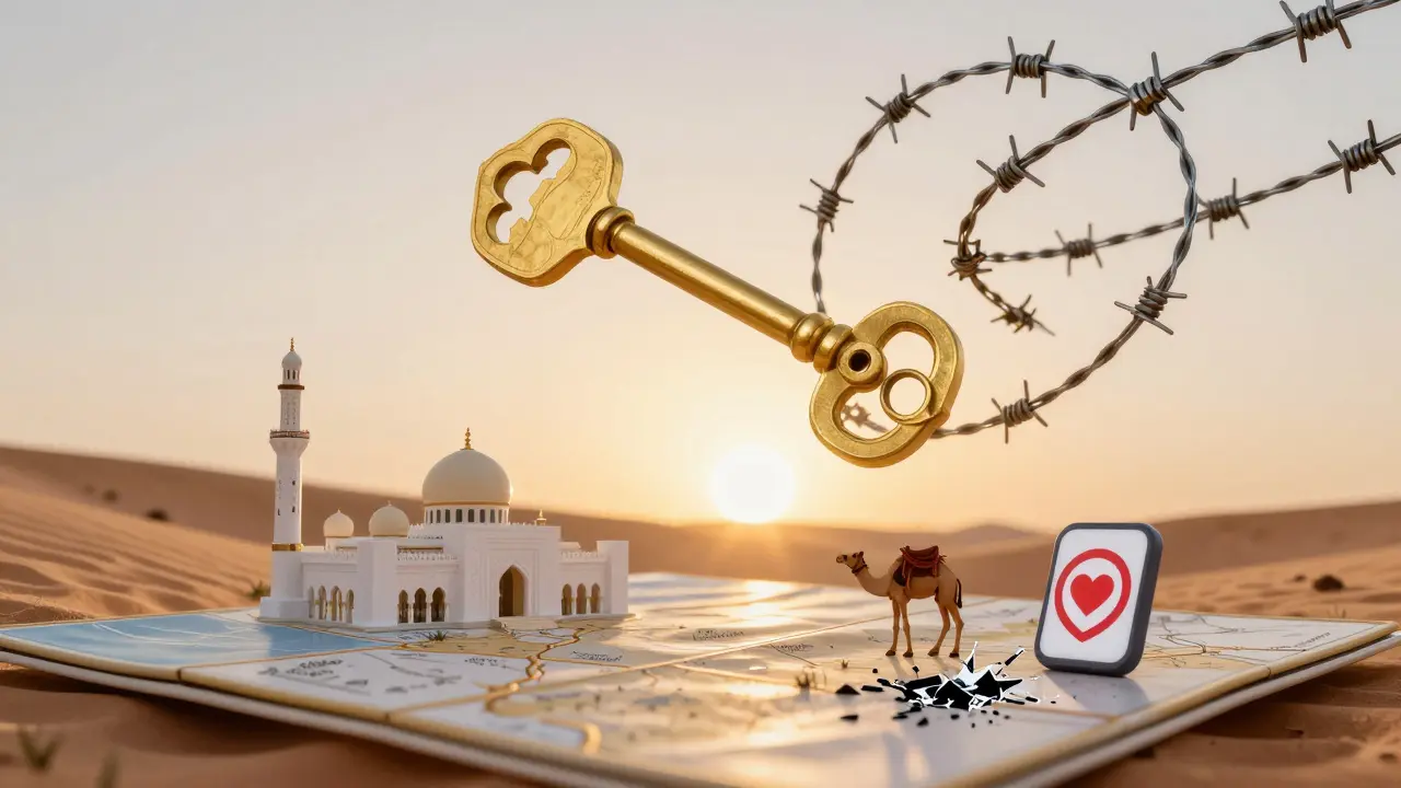 A golden key transforms into barbed wire above Abu Dhabi's landmarks, contrasting cultural experiences with illegal escort risks under a desert sunset.