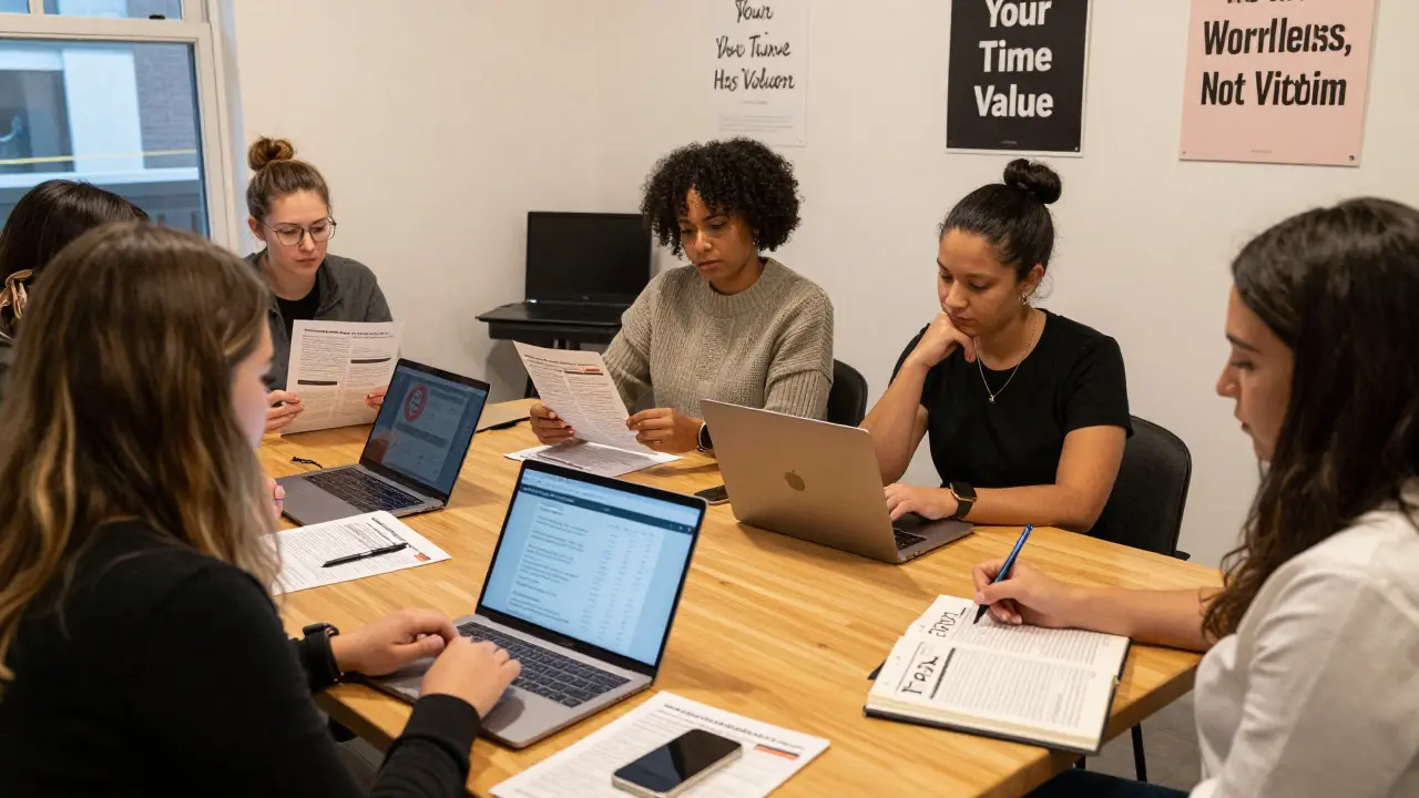 A group of women in a community space sharing resources on finances, safety, and self-empowerment as sex workers.