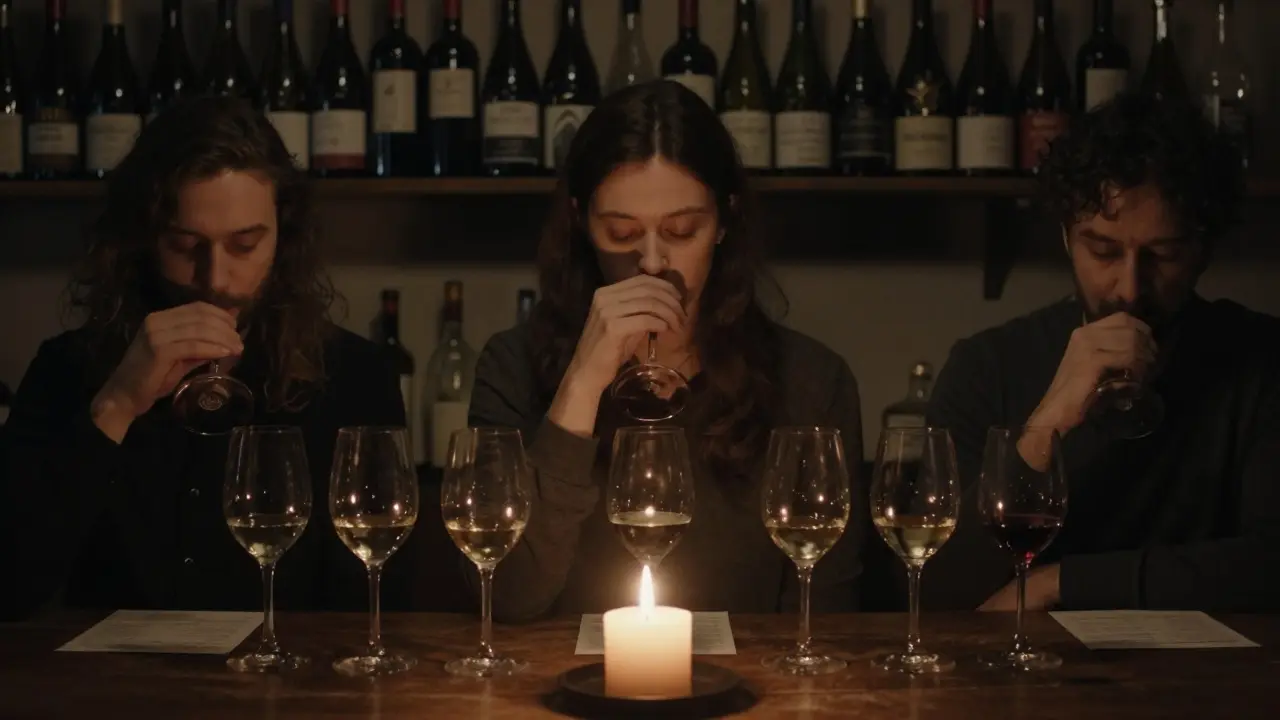 A guest blind-tastes five wines in a candlelit Clerkenwell lounge, surrounded by bottles from around the world.
